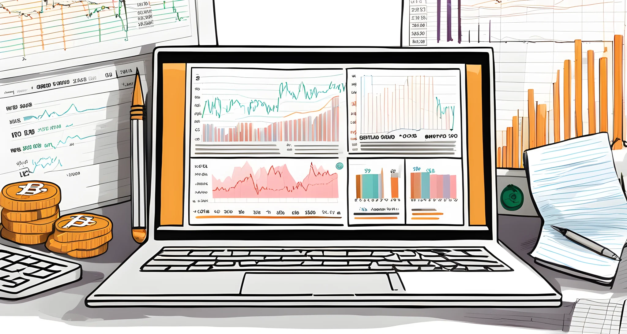 The image shows a computer screen displaying real-time crypto currency prices and charts, alongside a notebook with handwritten investment notes and a pen.