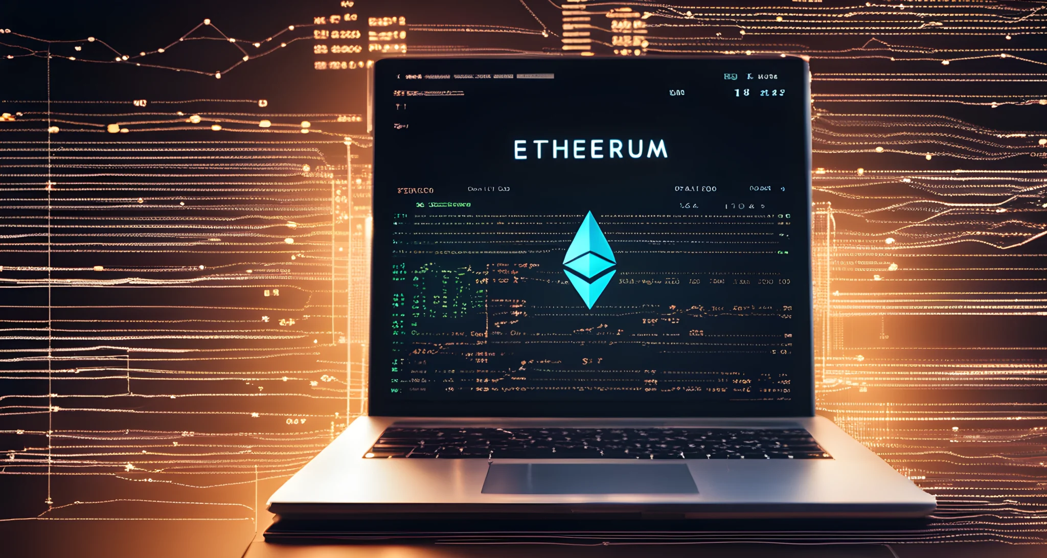 The image shows a computer screen displaying the Ethereum logo, alongside lines of code and blockchain transactions.