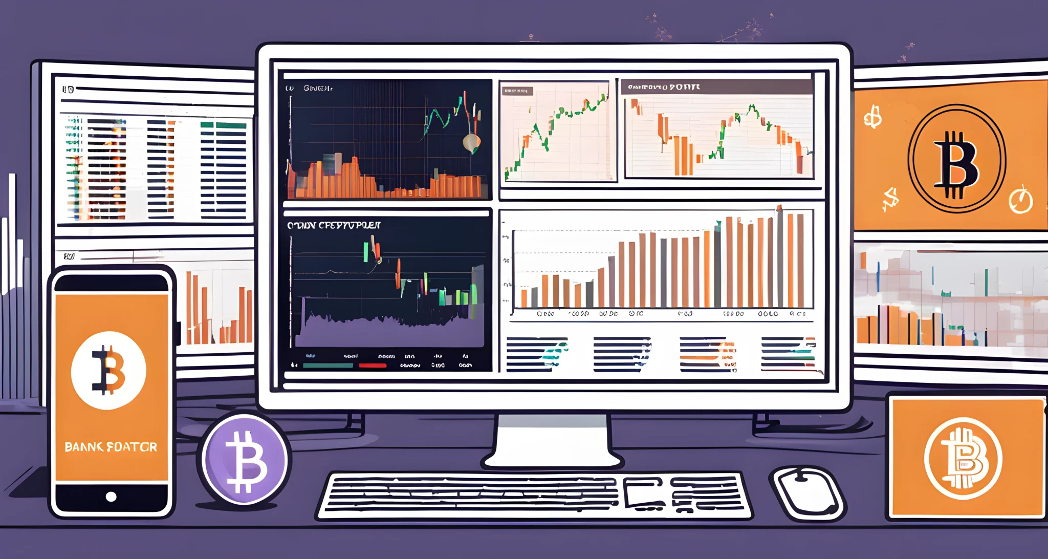 The image shows a computer screen displaying various cryptocurrency charts and DeFi platforms, alongside traditional bank and finance symbols.