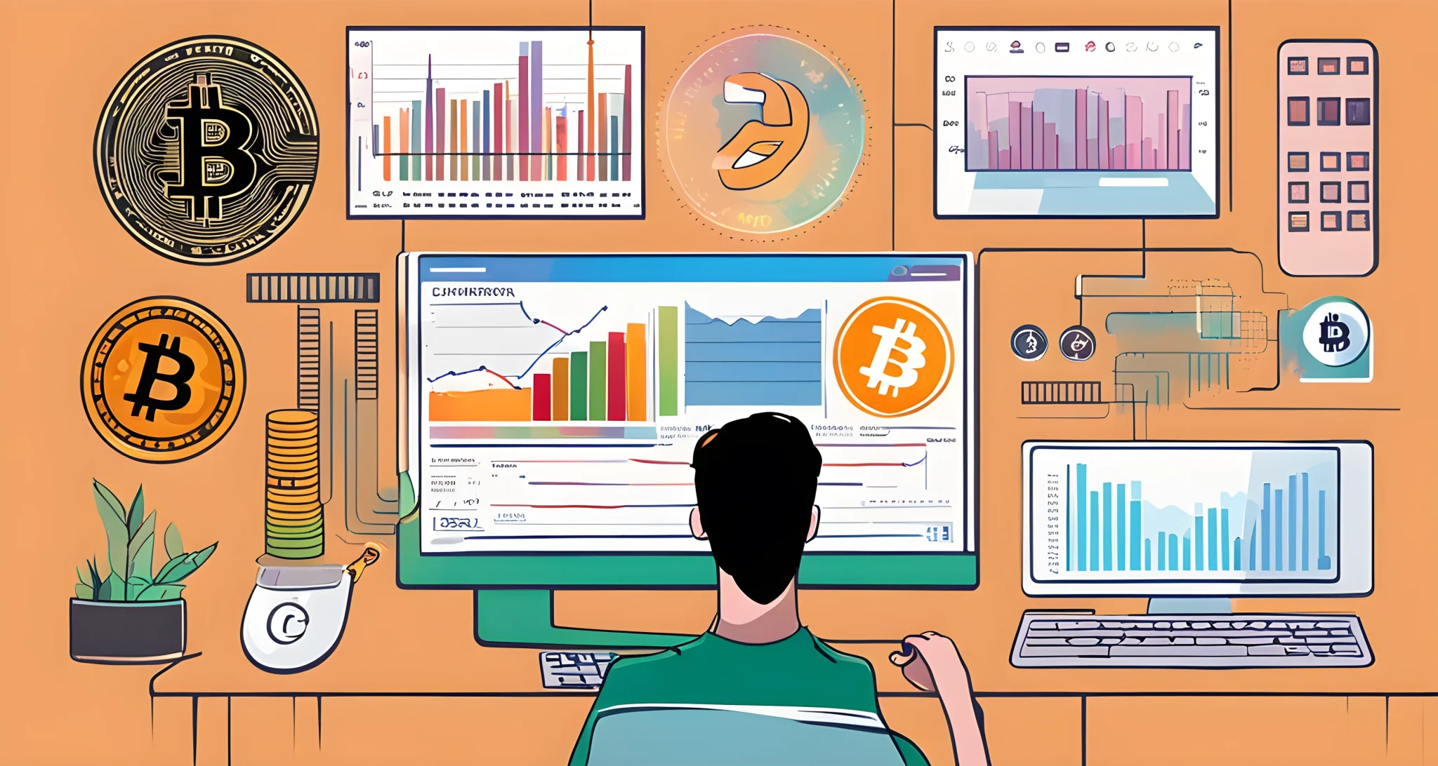 The image shows a computer screen displaying various cryptocurrency logos and charts, with a person's hand typing on the keyboard.