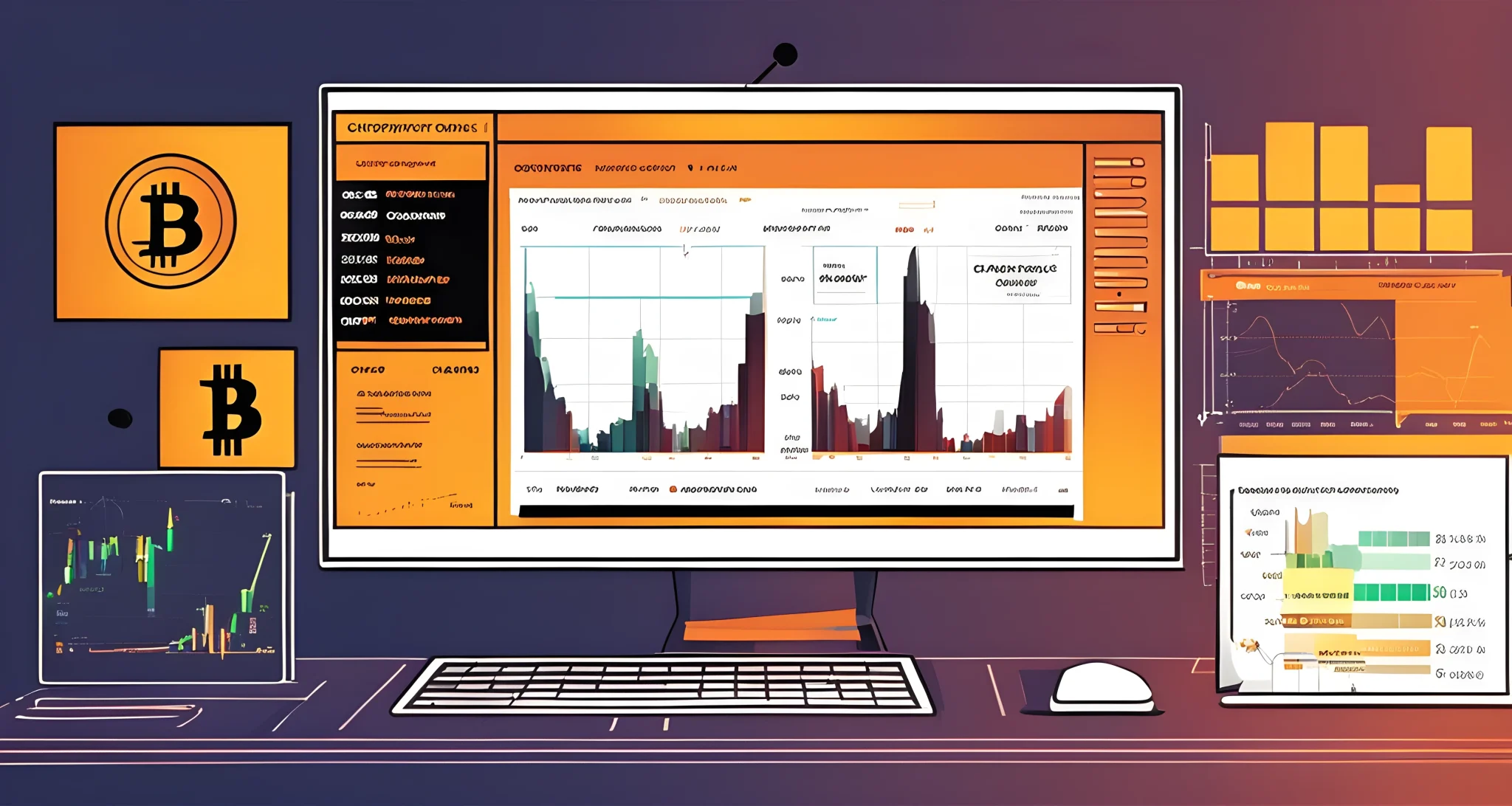 The image shows a computer screen displaying various cryptocurrency market analysis tools and charts.