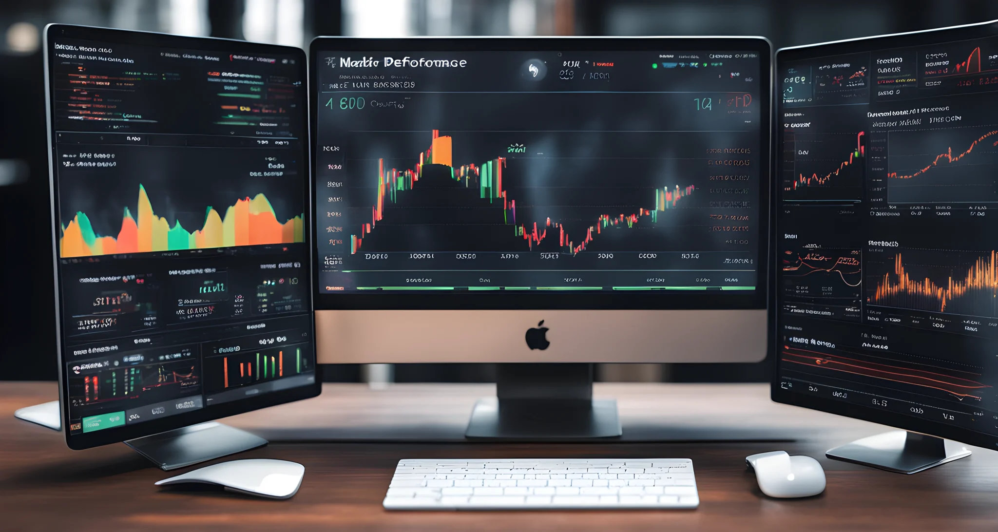 The image shows a computer screen displaying various DeFi platforms and investment options, alongside charts and graphs depicting market performance and volatility.