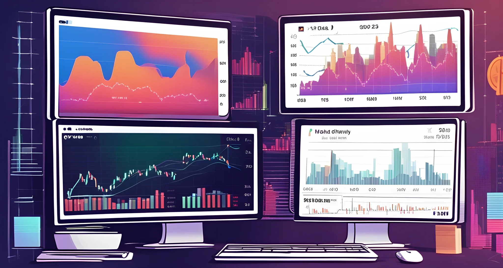 The image shows a computer screen displaying various DeFi platforms and digital currencies, with charts and graphs depicting market trends and transactions.