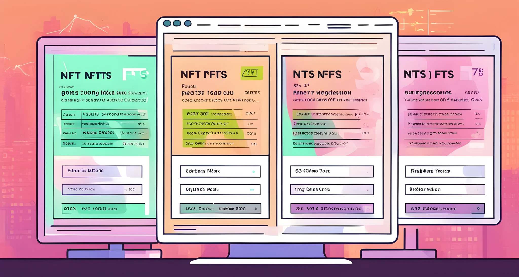 The image shows a computer screen displaying various NFTs with their corresponding prices and transaction histories.