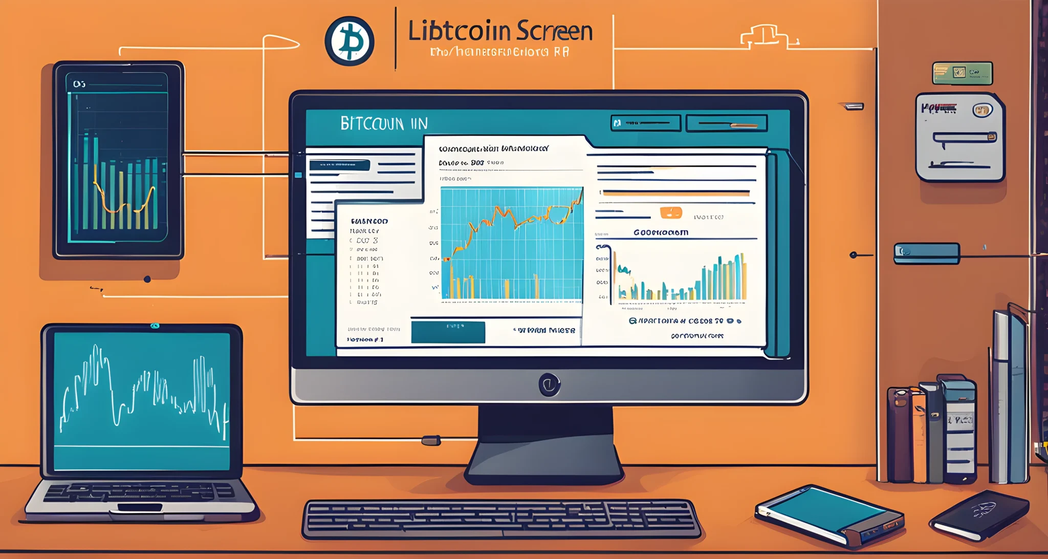 The image shows a computer screen with a Bitcoin wallet platform open, displaying a secure login screen and a graph of Bitcoin's price fluctuations. Two-factor authentication and encryption symbols are visible on the screen.