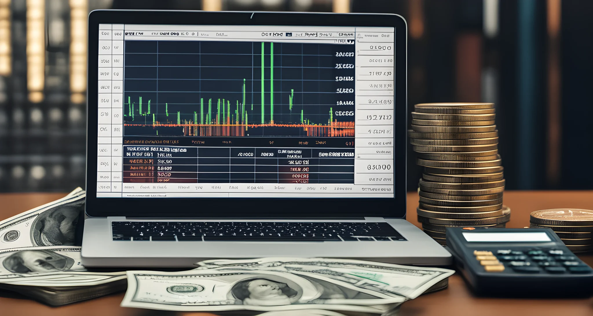 The image shows a computer screen with a chart of cryptocurrency prices, a calculator, and a stack of dollar bills.