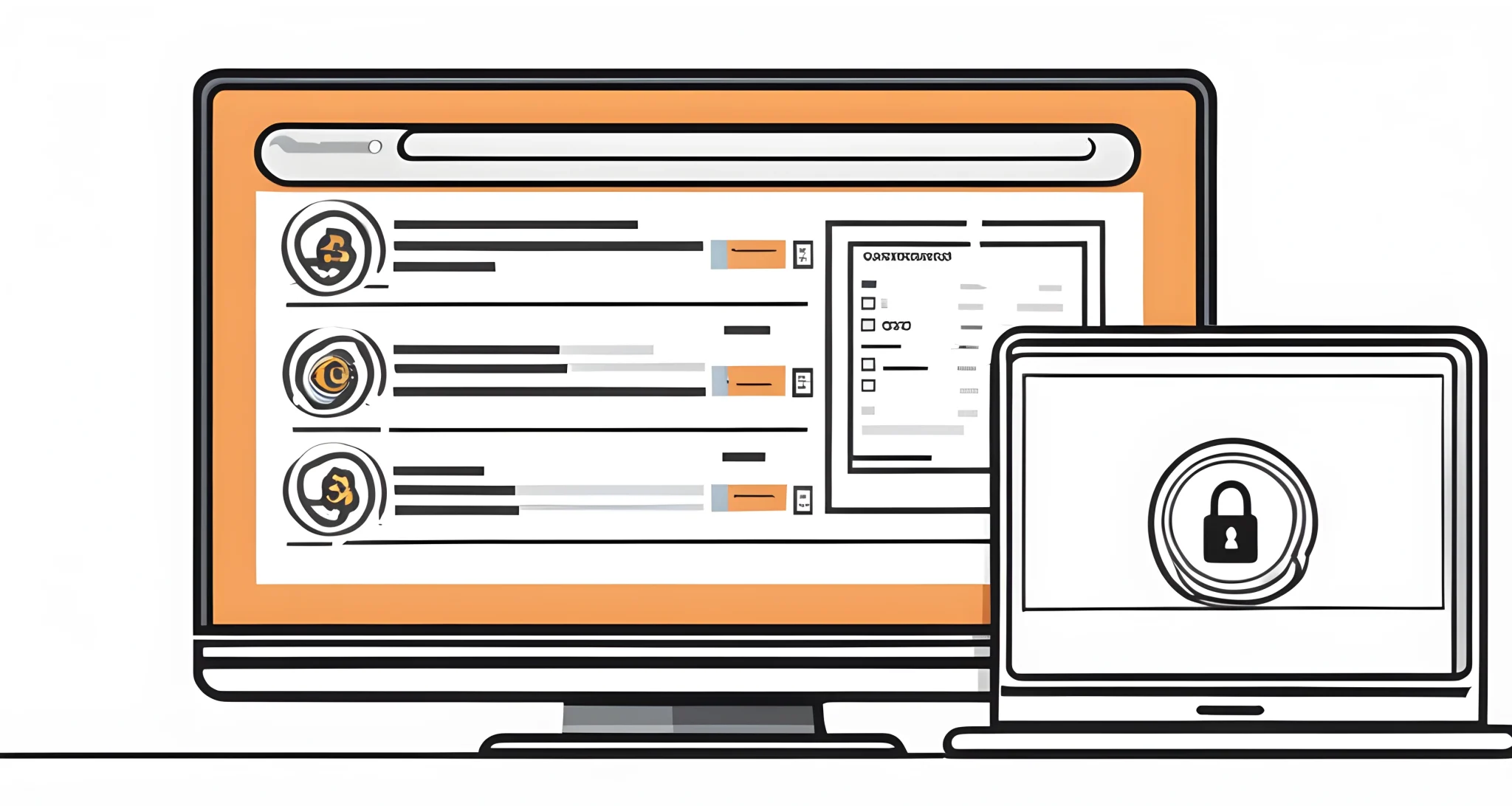 The image shows a computer screen with a cryptocurrency wallet open, a lock icon, and a checklist of security measures.