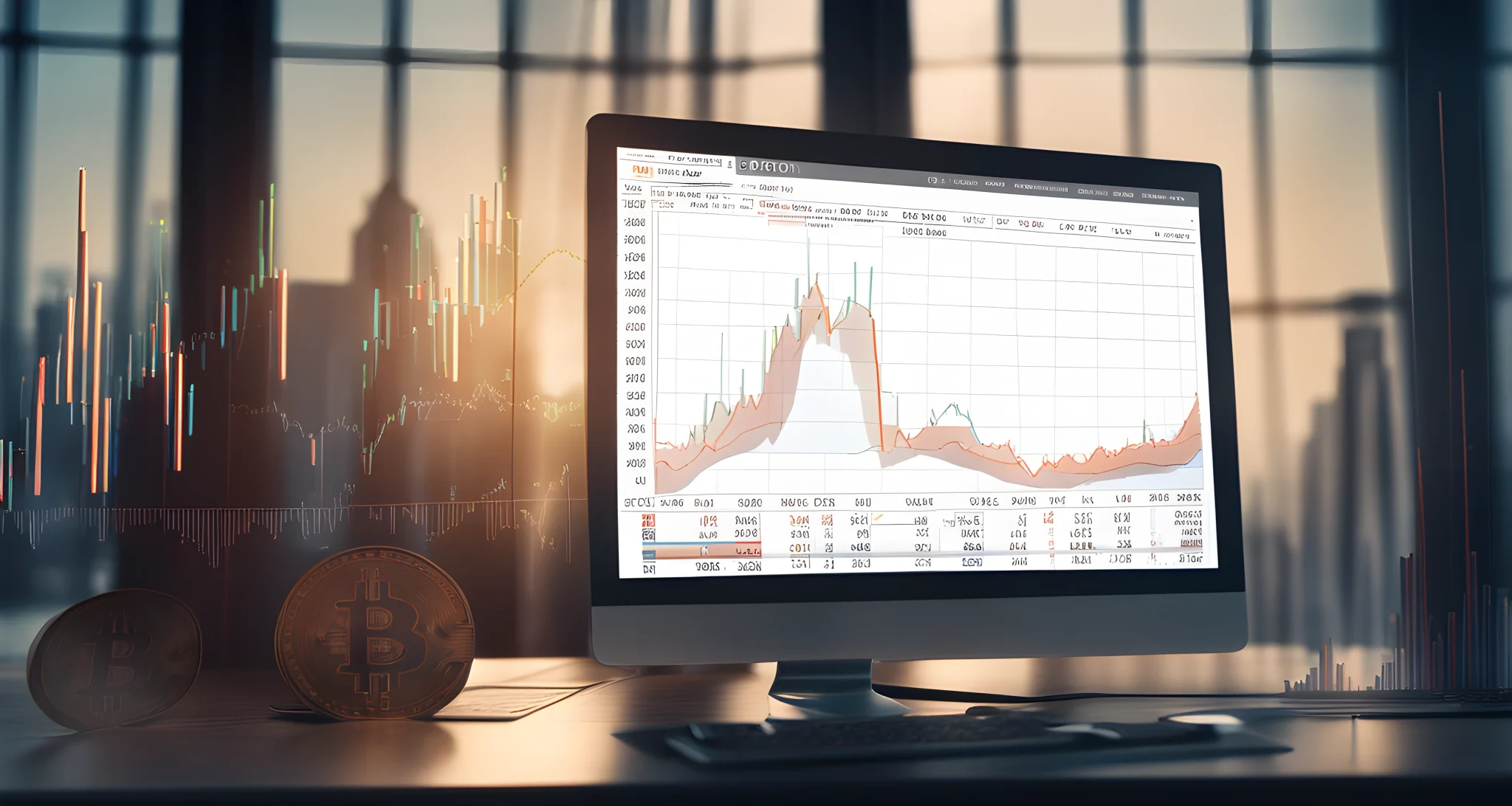 The image shows a computer screen with a graph displaying the fluctuating value of Bitcoin over time, along with several candlestick charts and financial statistics.