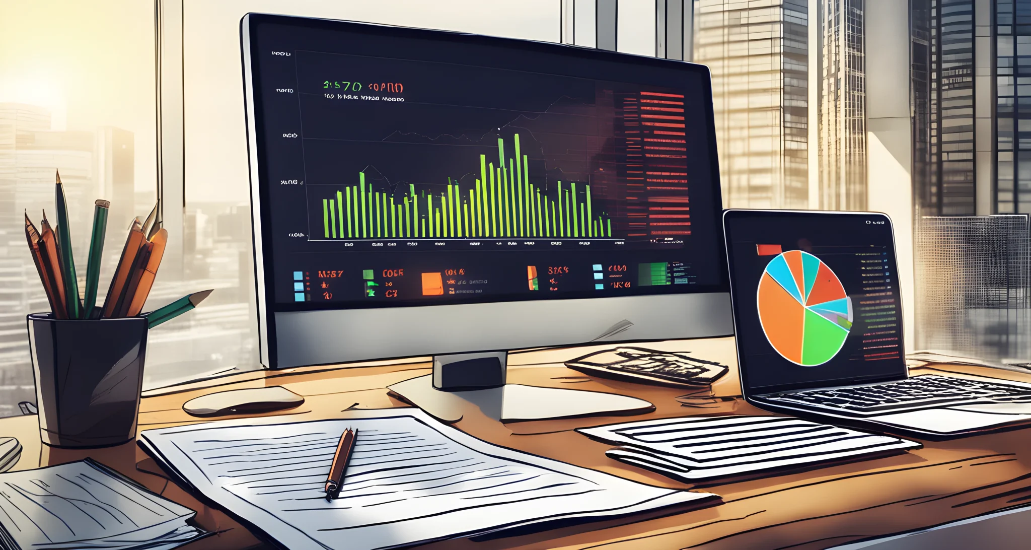 The image shows a computer screen with multiple cryptocurrency charts and graphs, as well as a stack of legal documents related to regulatory compliance.