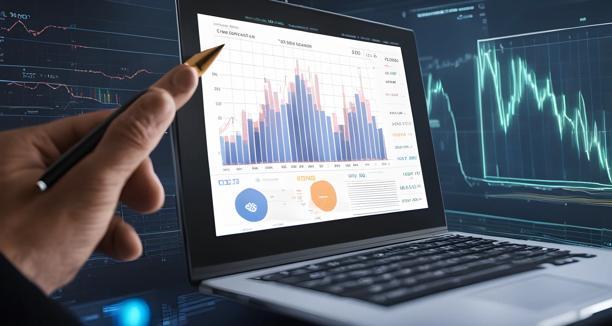 The image shows a computer screen with multiple cryptocurrency charts and graphs displayed. A person's hand is holding a pen and pointing towards the screen.