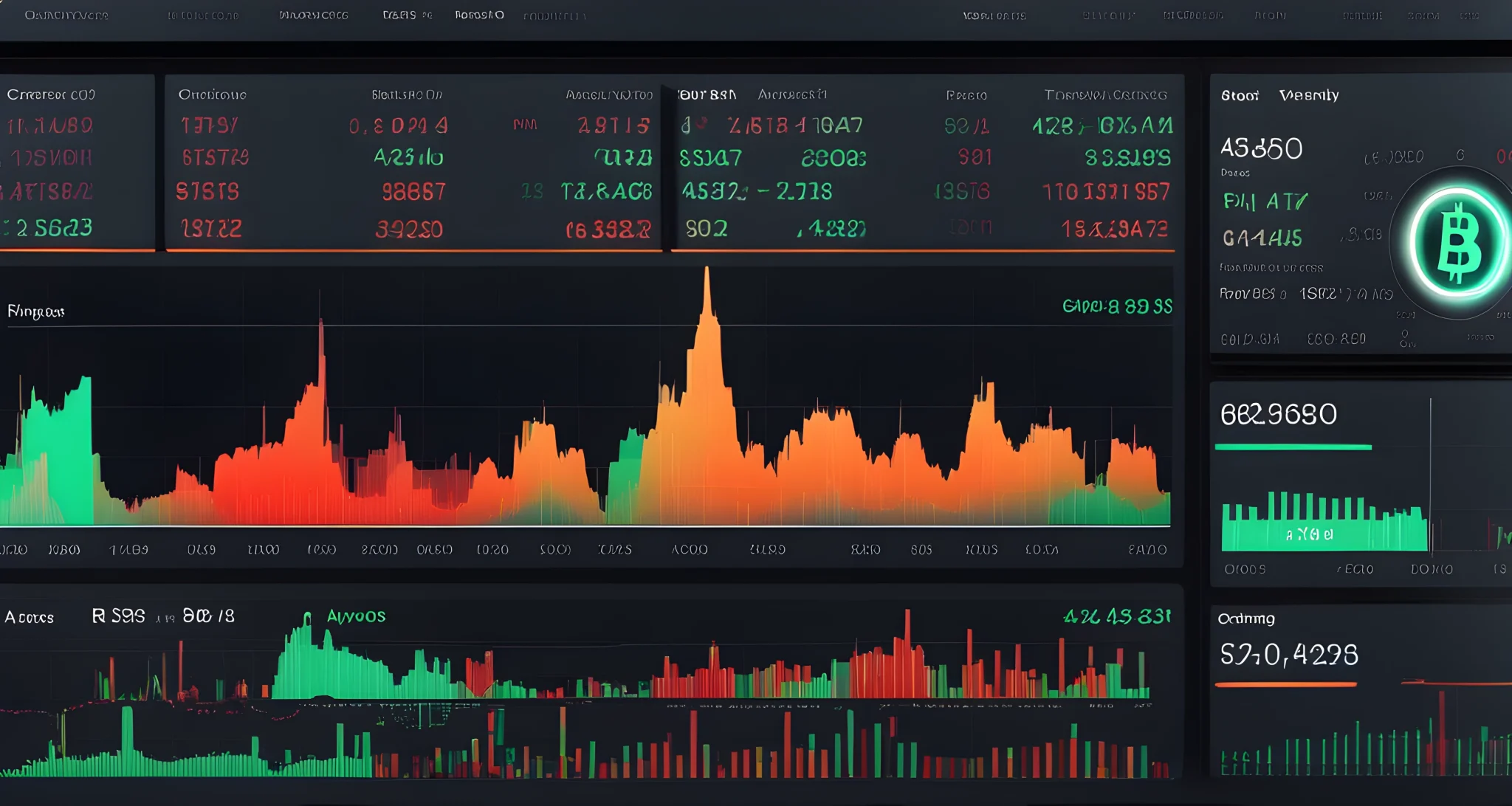 The image shows a computer screen with multiple cryptocurrency price charts, trading volume indicators, and order books displayed. Multiple technical analysis tools, such as moving averages and RSI, are also visible on the screen.