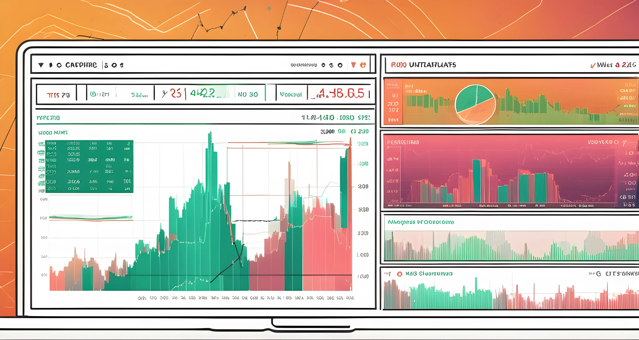 The image shows a computer screen with multiple cryptocurrency price charts and technical indicators displayed.