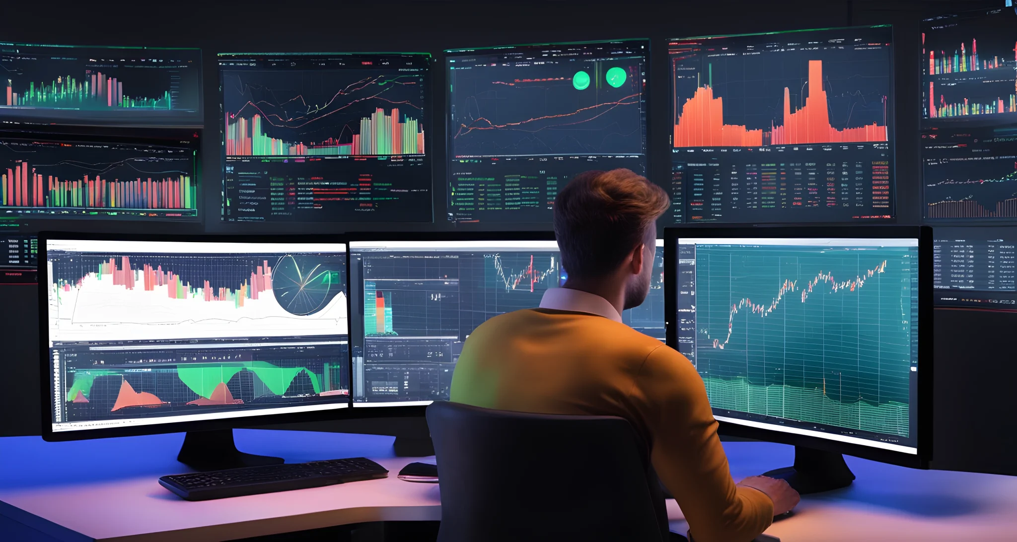 The image shows a computer screen with multiple cryptocurrency trading charts and graphs. An individual is seated in front of the computer, looking at the screen with a focused expression.