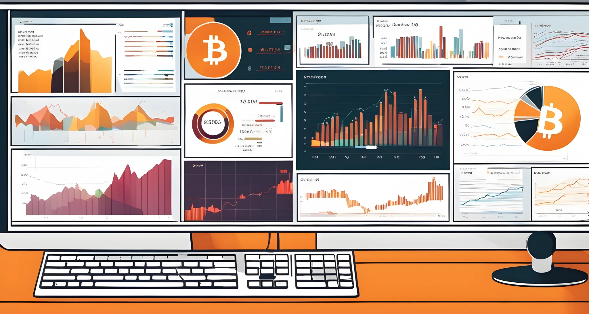 The image shows a computer screen with multiple graphs and charts displaying cryptocurrency market data.