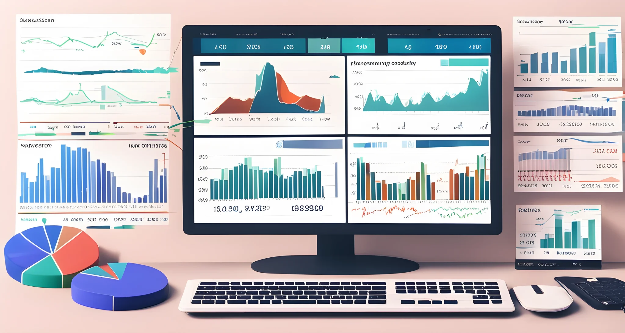 The image shows a computer screen with multiple graphs and charts displaying financial data and investment trends in the DeFi sector.