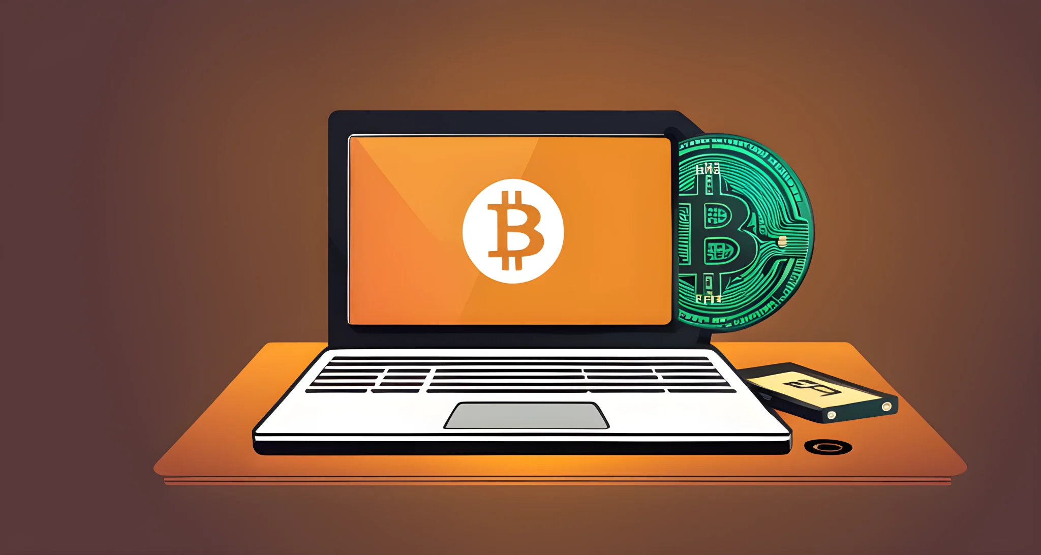 The image shows a computer with a digital wallet icon and a Bitcoin symbol on the screen.