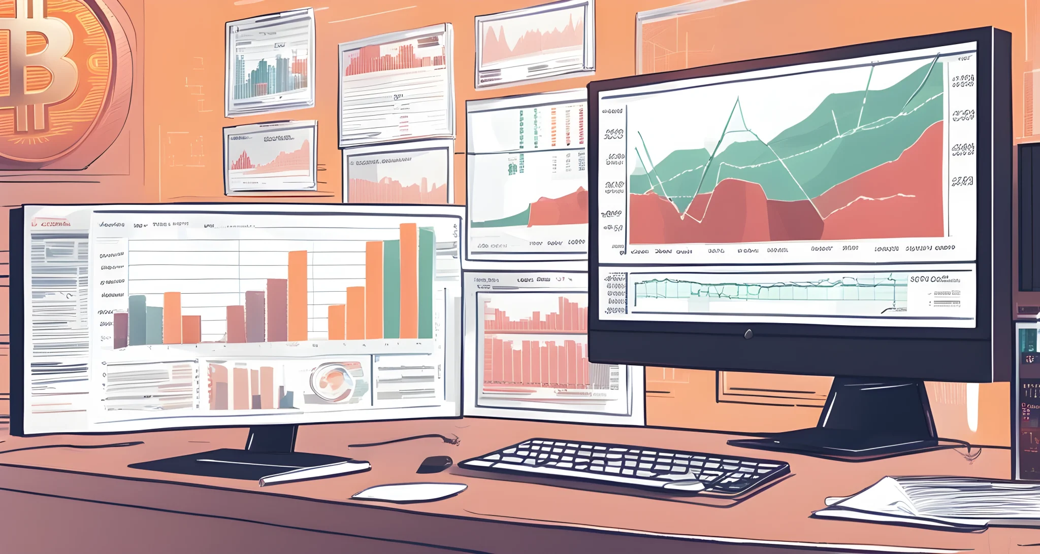 The image shows a computer with multiple monitors displaying cryptocurrency charts, a stack of legal documents, and a group of regulators discussing regulations.