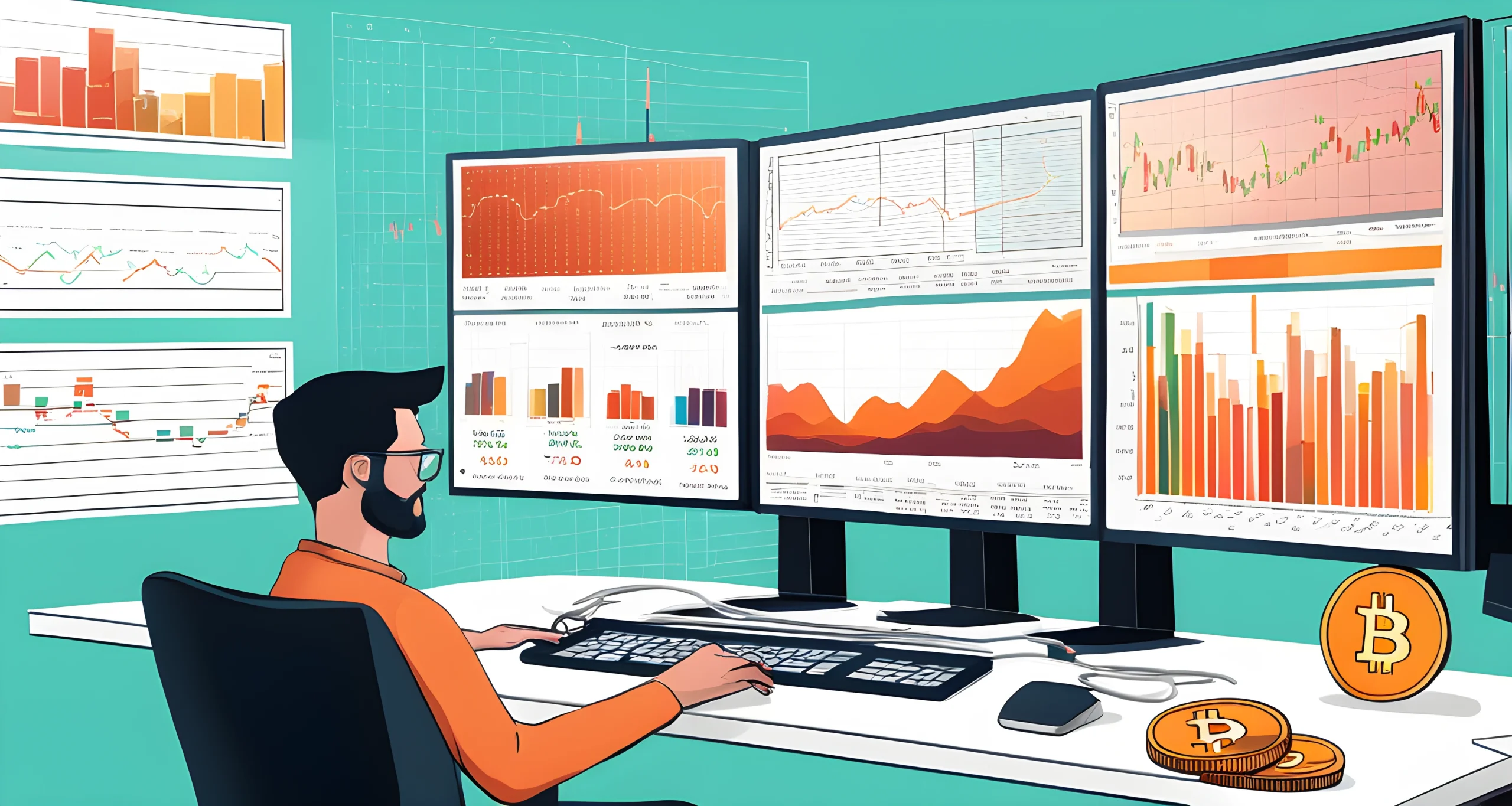 The image shows a computer with multiple monitors displaying various charts, graphs, and data related to cryptocurrency market analysis.