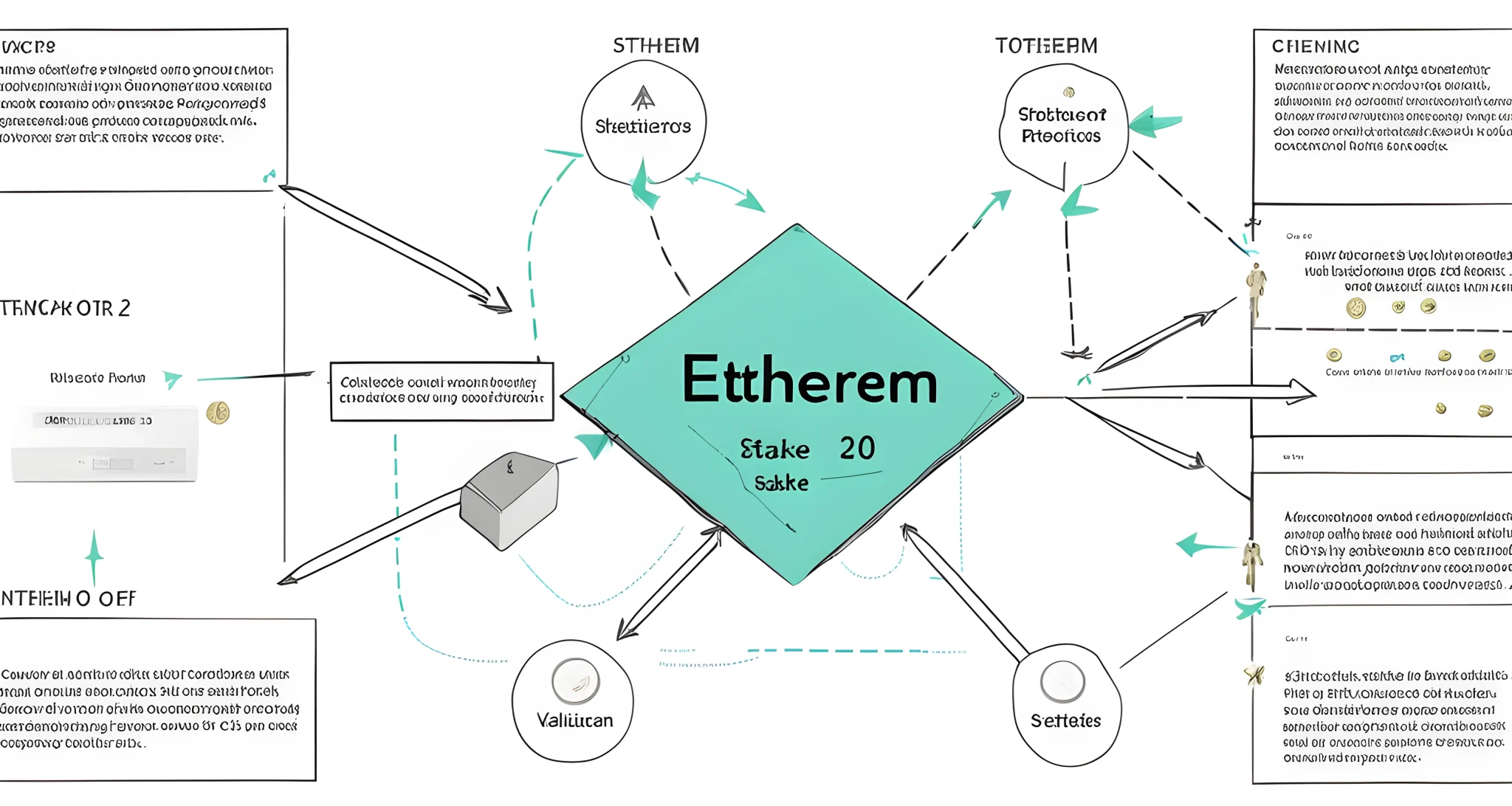 The image shows a diagram of the proof of stake mechanism in Ethereum 2.0, with nodes, validators, and staked tokens connected by arrows to illustrate the process.