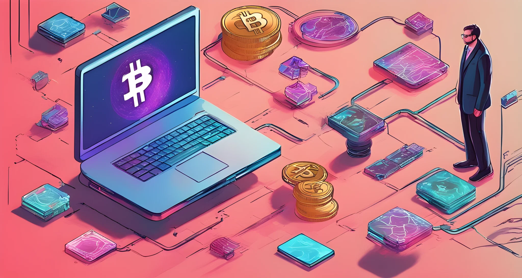 The image shows a digital art piece featuring a unique NFT token on a blockchain platform, surrounded by various digital assets and cryptocurrencies.