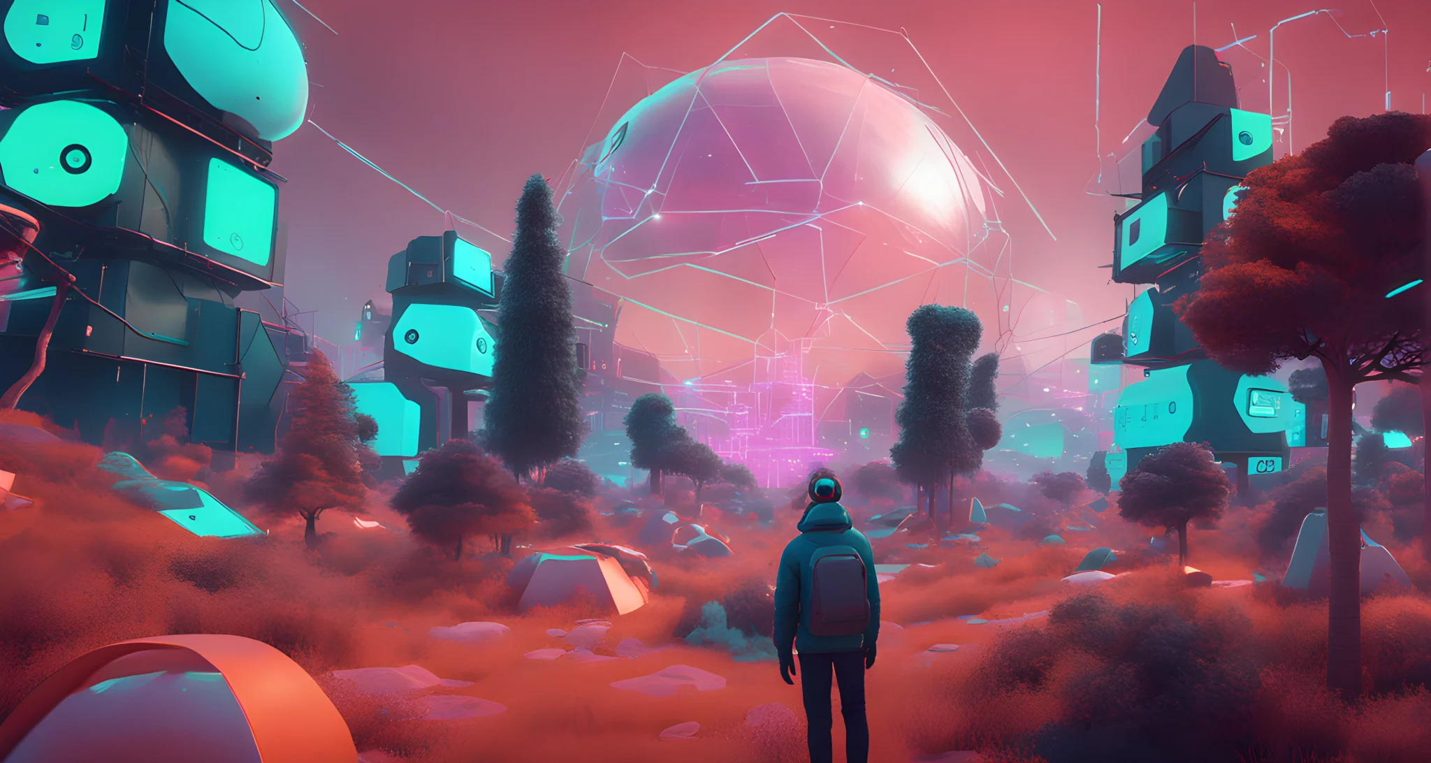 The image shows a digital artwork by Cryptopunk, a Beeple creation, and a virtual real estate plot in Decentraland.