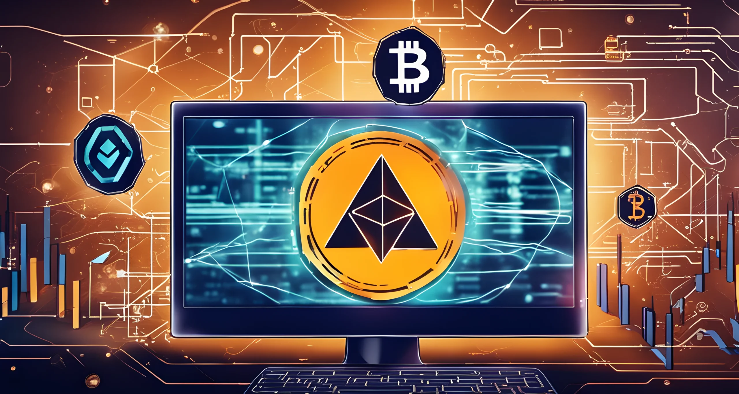 The image shows a digital artwork displayed on a screen, with a blockchain symbol and cryptocurrency logos in the background.