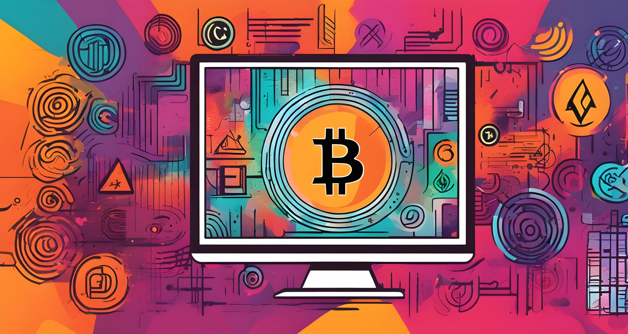 The image shows a digital artwork of a colorful, abstract design displayed on a computer screen. Surrounding the screen are various cryptocurrency symbols and logos of established financial institutions.