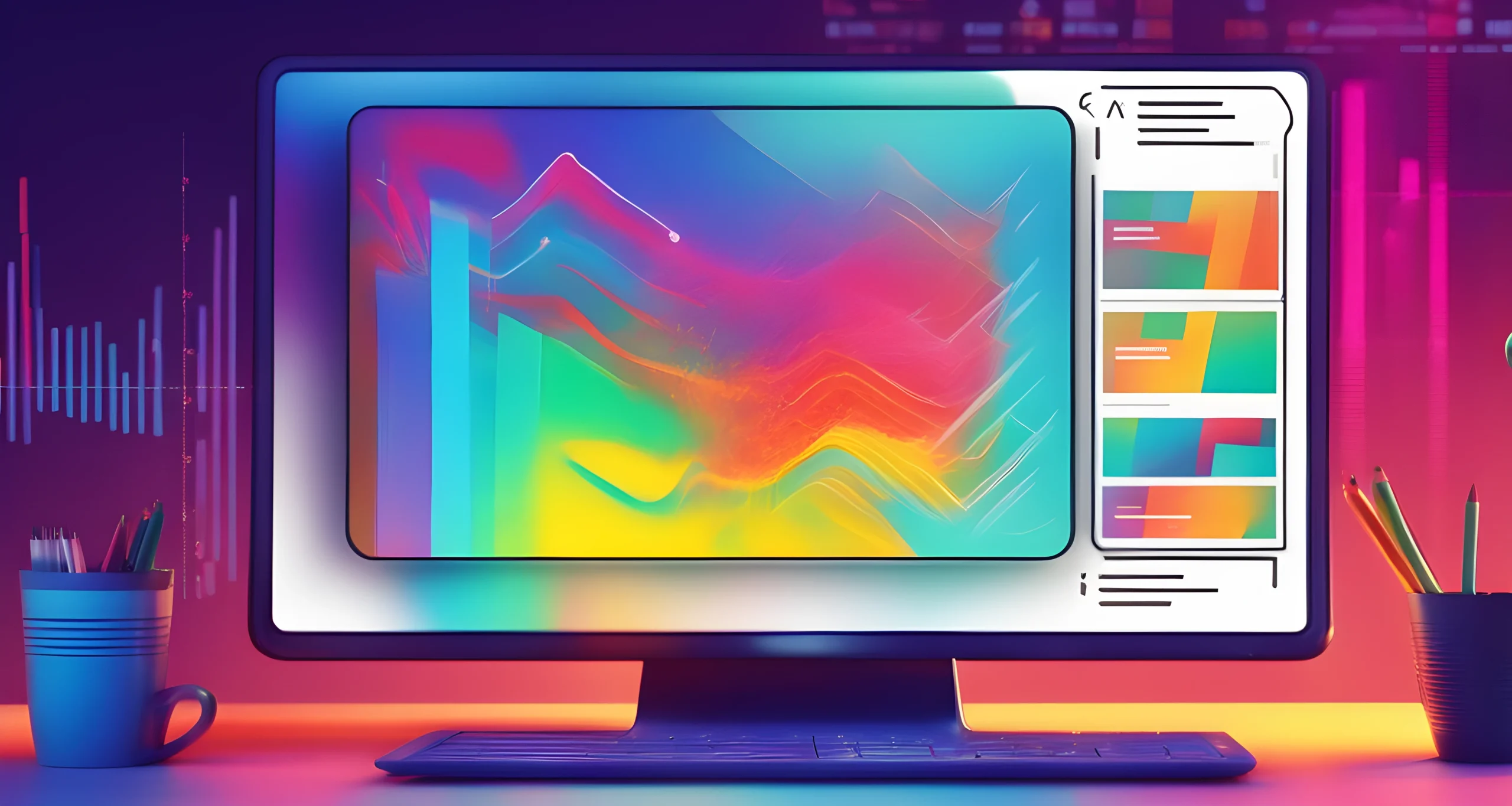 The image shows a digital artwork of a colorful abstract design displayed on a computer screen, with a digital wallet and transaction history visible on the side.