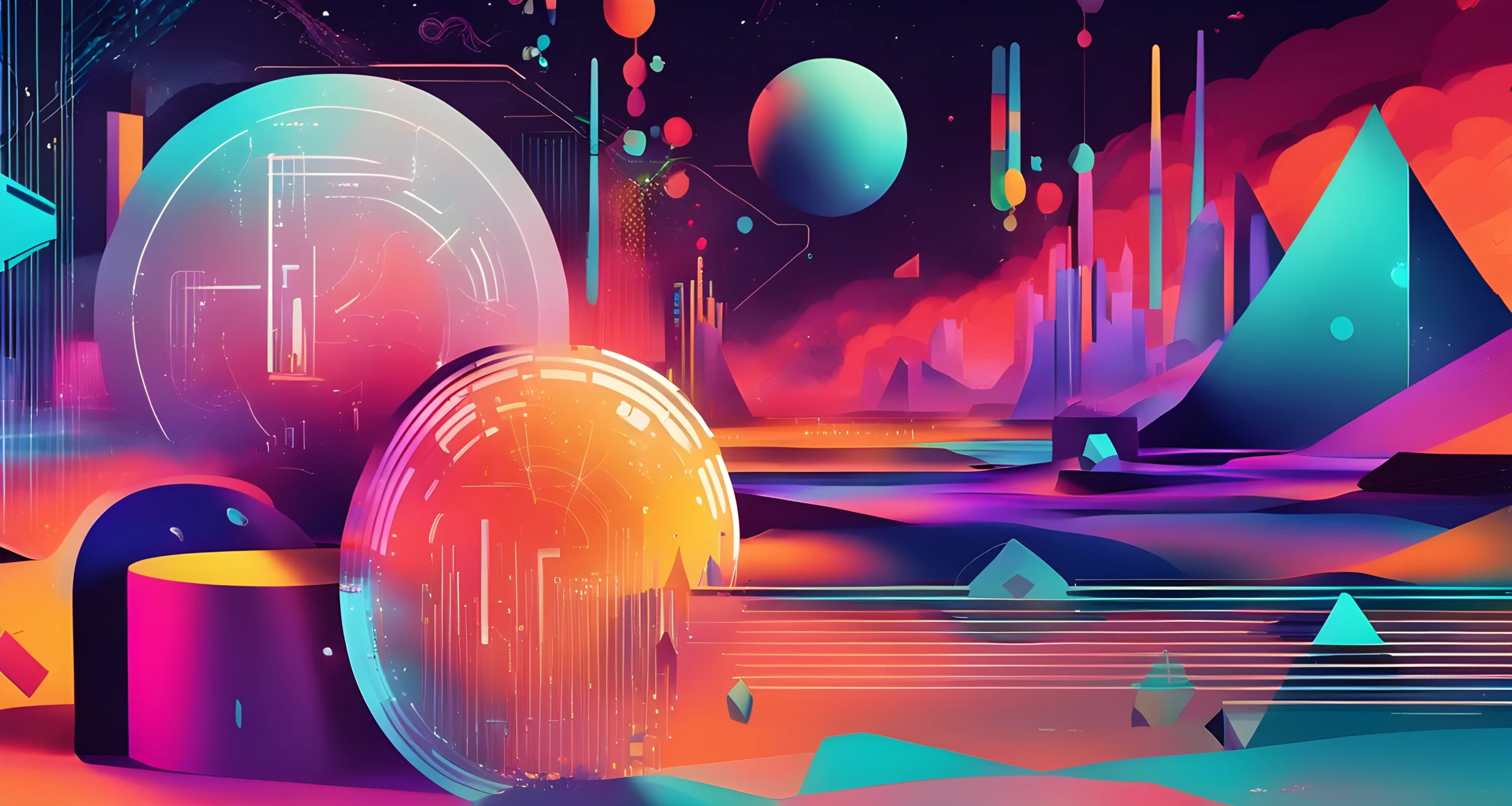 The image shows a digital artwork of a colorful, abstract design with various geometric shapes and patterns. In the foreground, there is a digital token with a unique code, representing a non-fungible token (NFT). The background features a technological, futuristic landscape with digital elements.