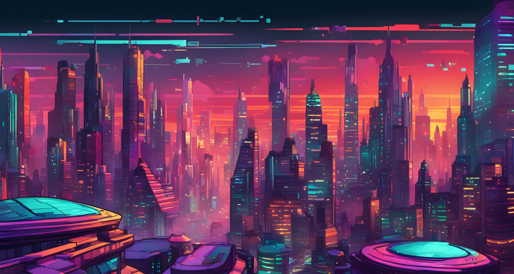 The image shows a digital artwork of a pixelated, futuristic cityscape with vibrant colors and intricate details.