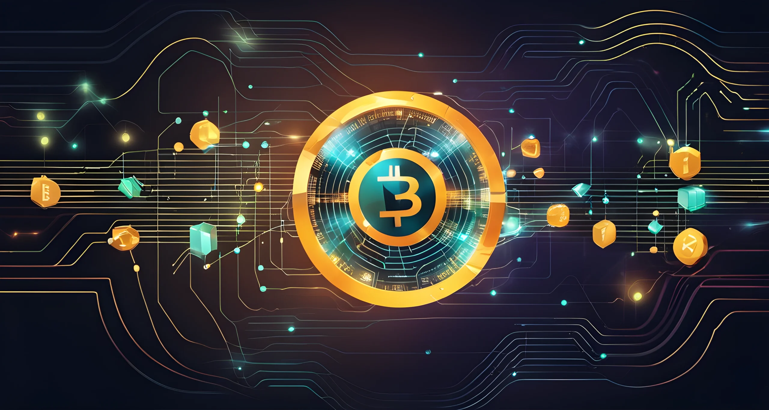 The image shows a digital cryptocurrency logo with a futuristic background of interconnected nodes and data streams.