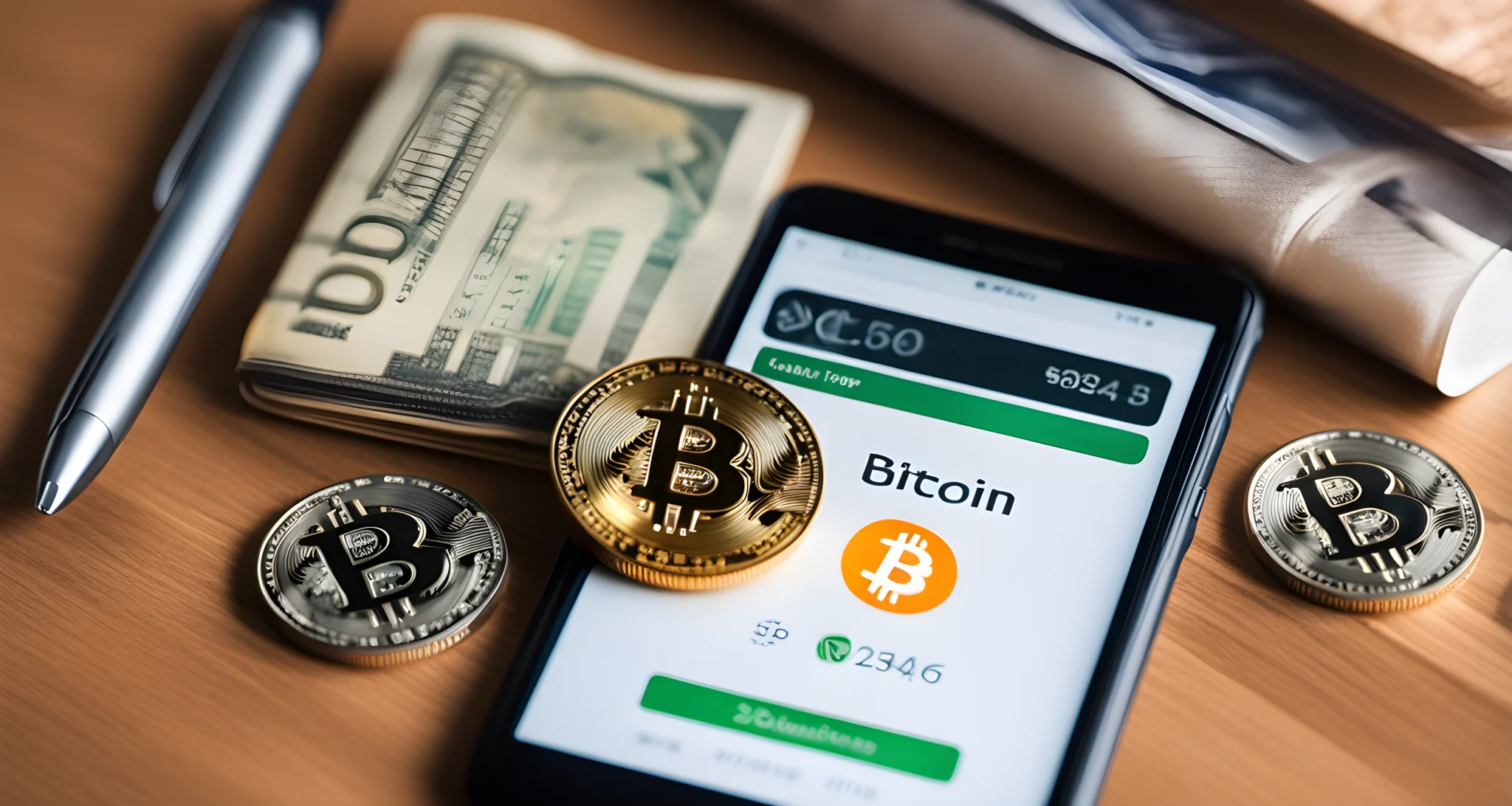 The image shows a digital cryptocurrency wallet with a Bitcoin logo on the screen, alongside a traditional investment portfolio containing stocks, bonds, and real estate.