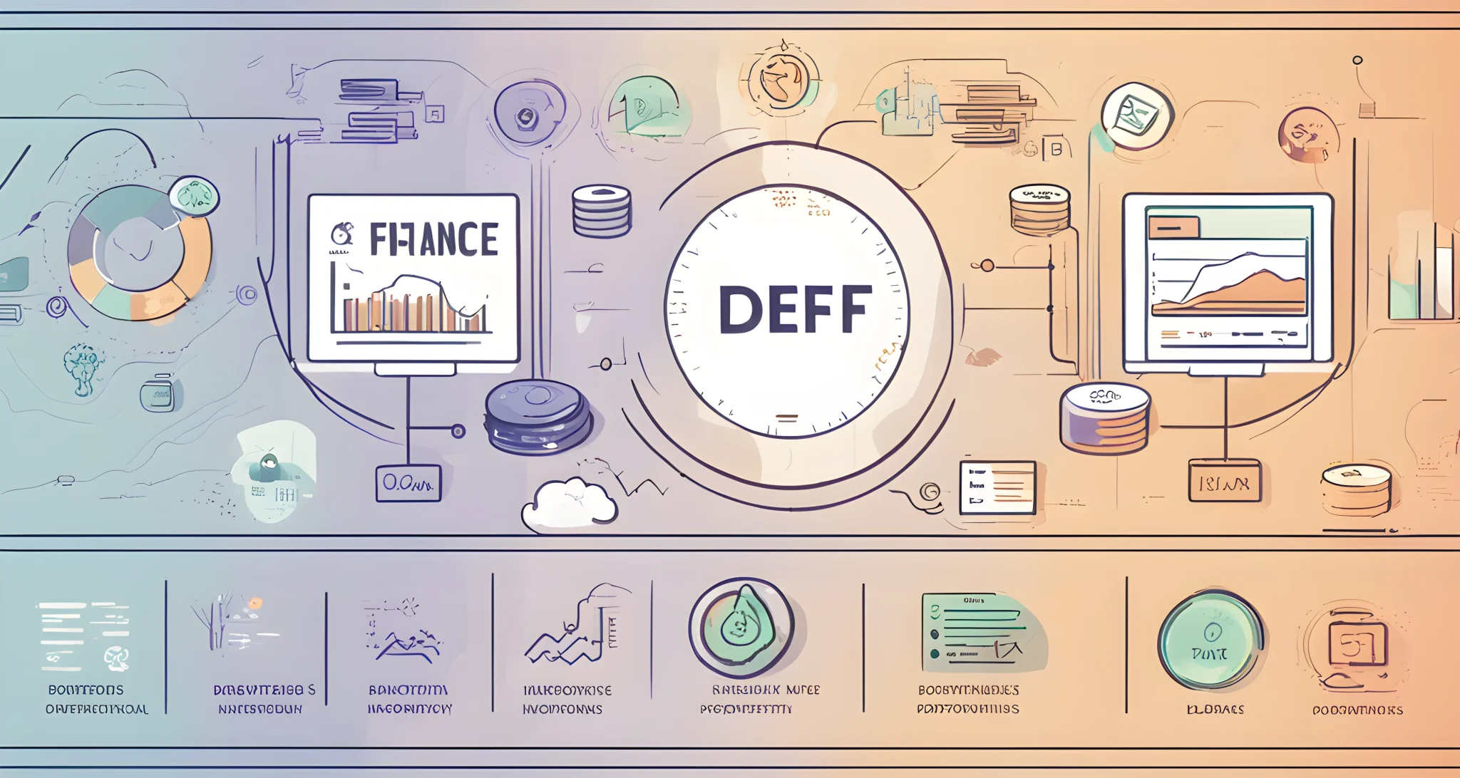 The image shows a digital interface displaying various decentralized finance (DeFi) investment platforms and opportunities, including lending, borrowing, and trading options.