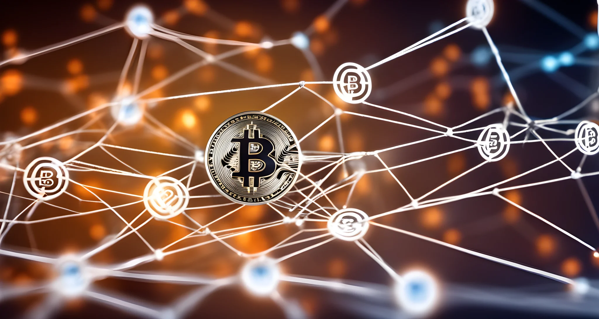 The image shows a digital transaction with a Bitcoin symbol in the foreground and a network of interconnected nodes in the background.