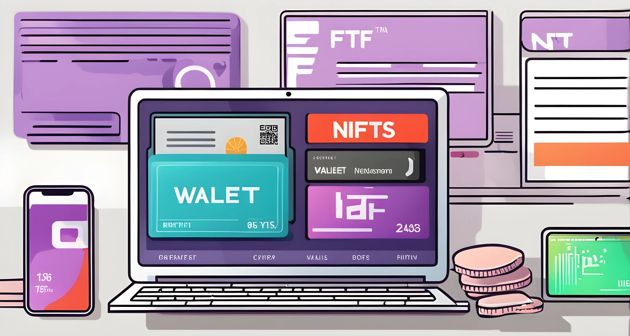 The image shows a digital wallet and various NFTs displayed on a computer screen.