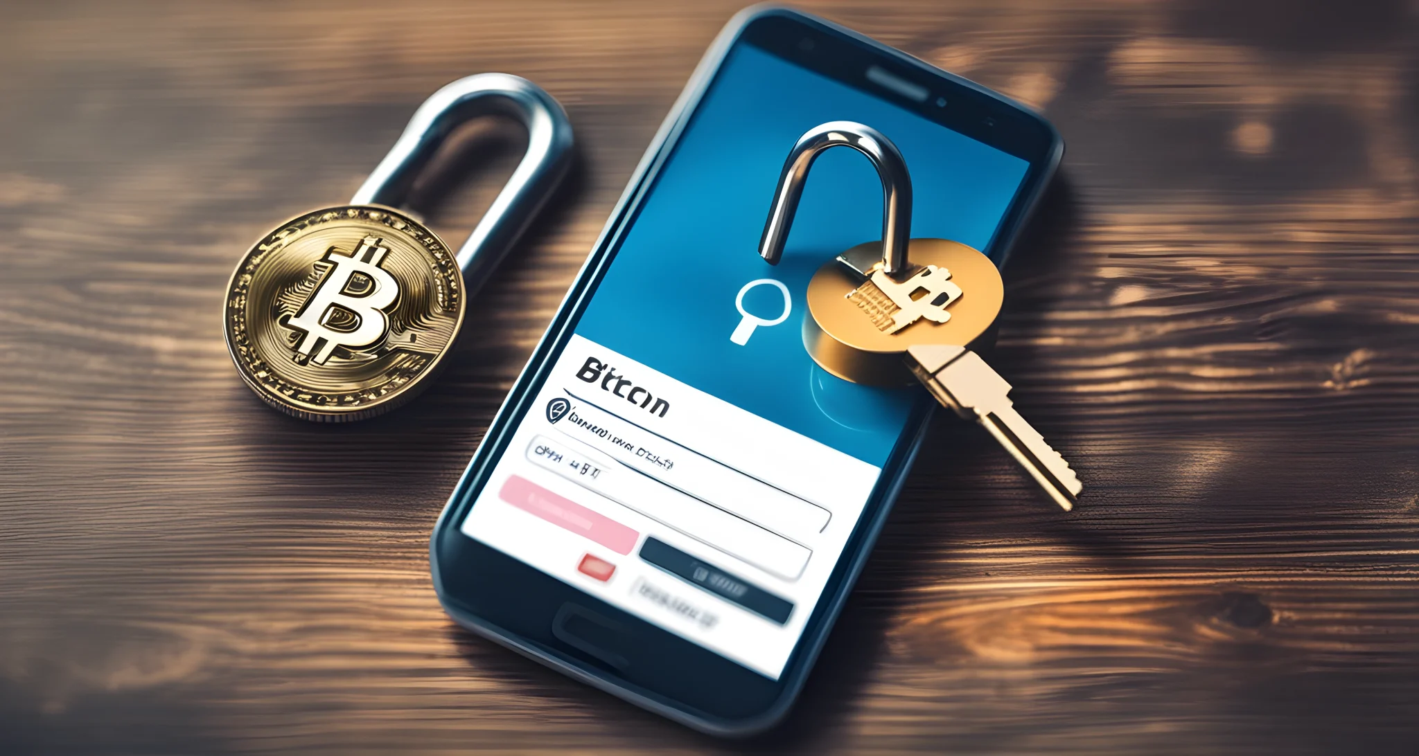 The image shows a digital wallet with a Bitcoin logo on the screen, surrounded by a secure lock and key symbol.