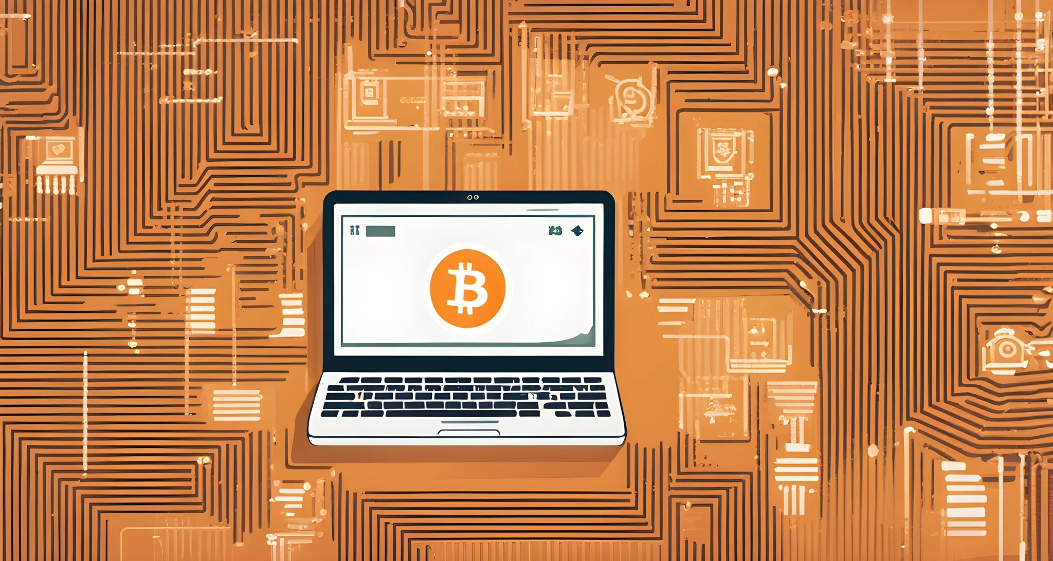 The image shows a digital wallet with a Bitcoin logo on a computer screen, surrounded by rows of computer code and encryption symbols.