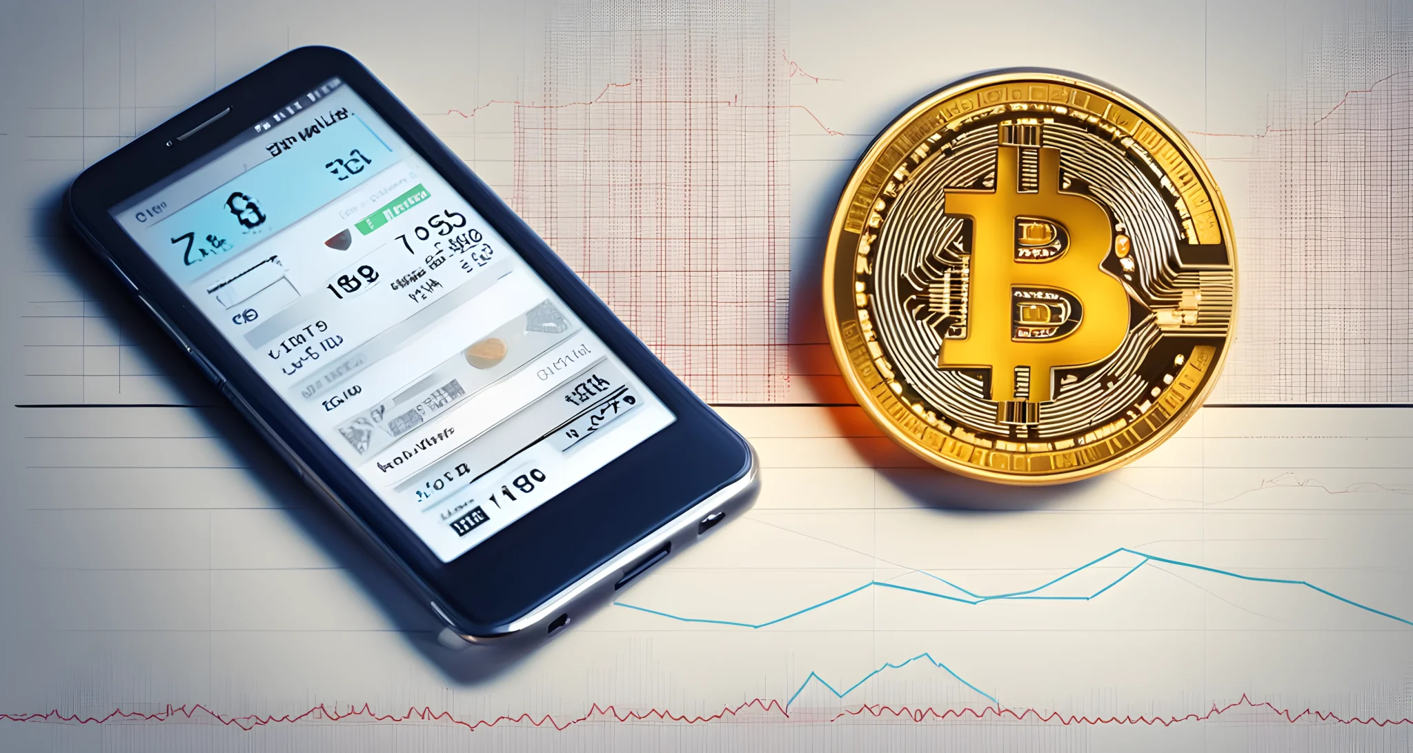 The image shows a digital wallet with a Bitcoin symbol and a graph depicting the fluctuating value of Bitcoin.