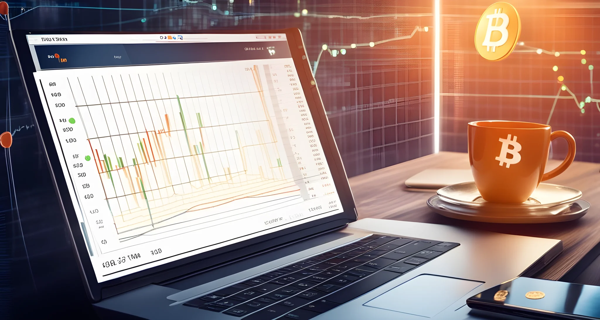 The image shows a digital wallet with a bitcoin symbol and a laptop with a cryptocurrency chart on the screen.