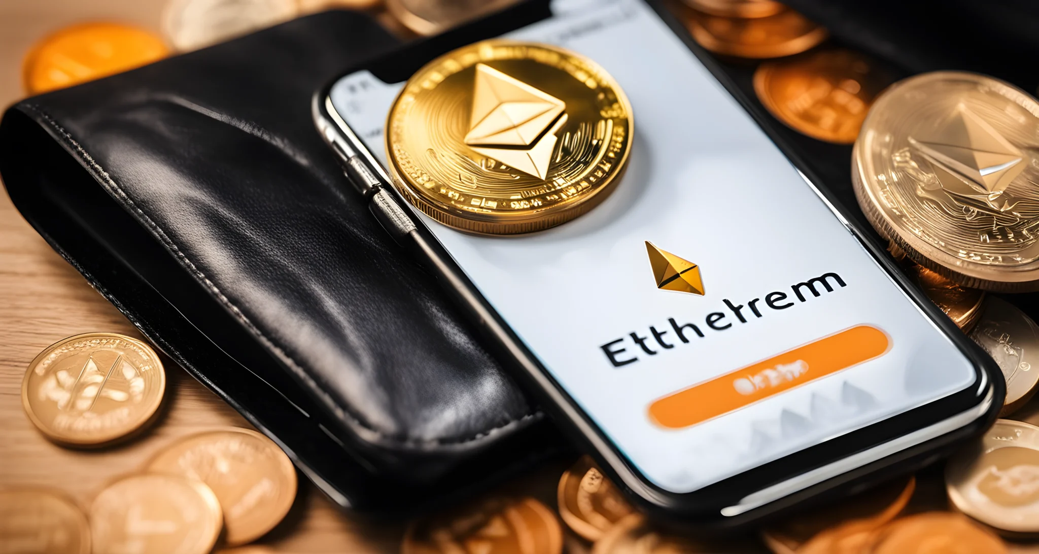 The image shows a digital wallet with an Ethereum logo and cryptocurrency coins.