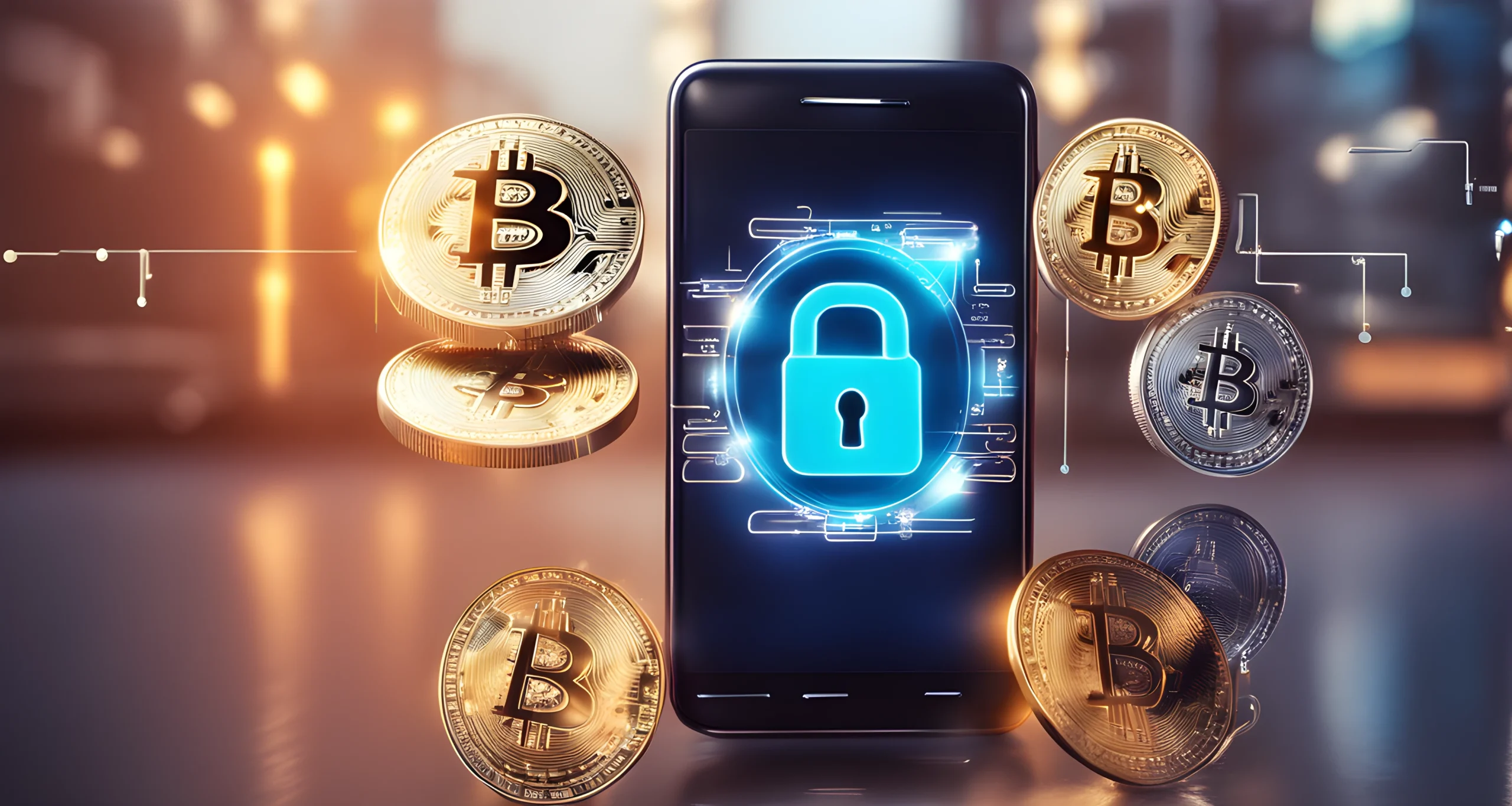 The image shows a digital wallet with multiple cryptocurrency symbols and a lock symbol.