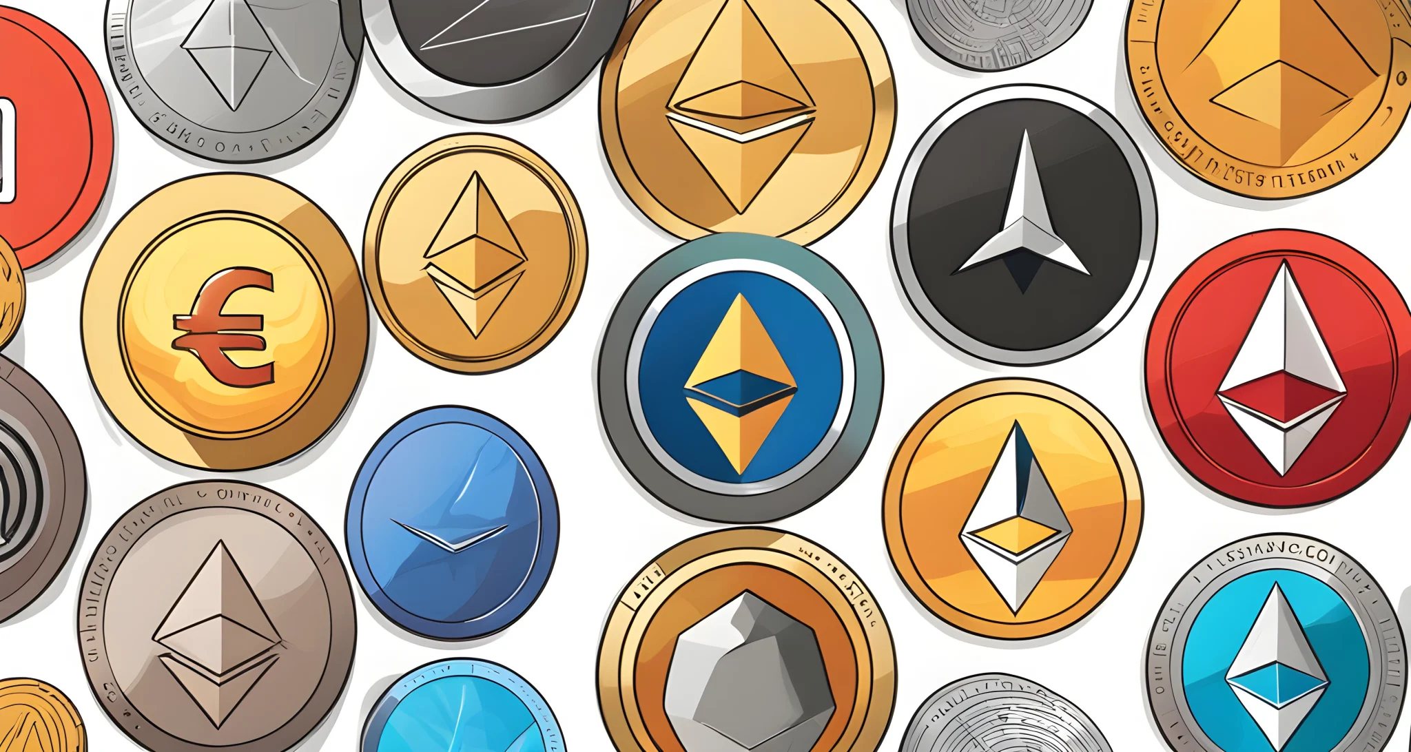 The image shows a diverse array of altcoins such as Ethereum, Litecoin, and Ripple on a digital cryptocurrency exchange platform.