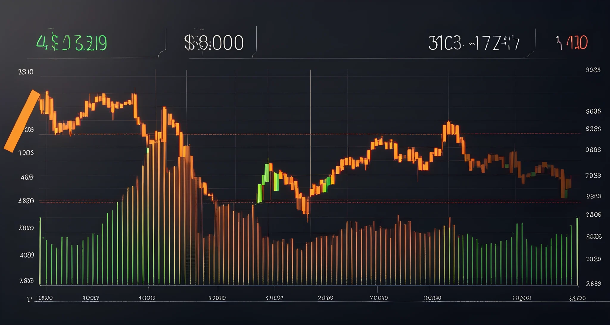 The image shows a fluctuating line graph of Bitcoin's price over time, with peaks and valleys. There is also a bar graph showing trading volume on the side.