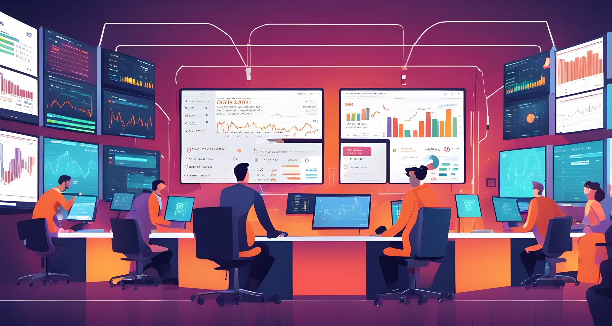 The image shows a futuristic digital currency exchange platform with large screens displaying real-time market data, while traders and financial experts analyze and discuss the impact of regulation on the crypto industry.