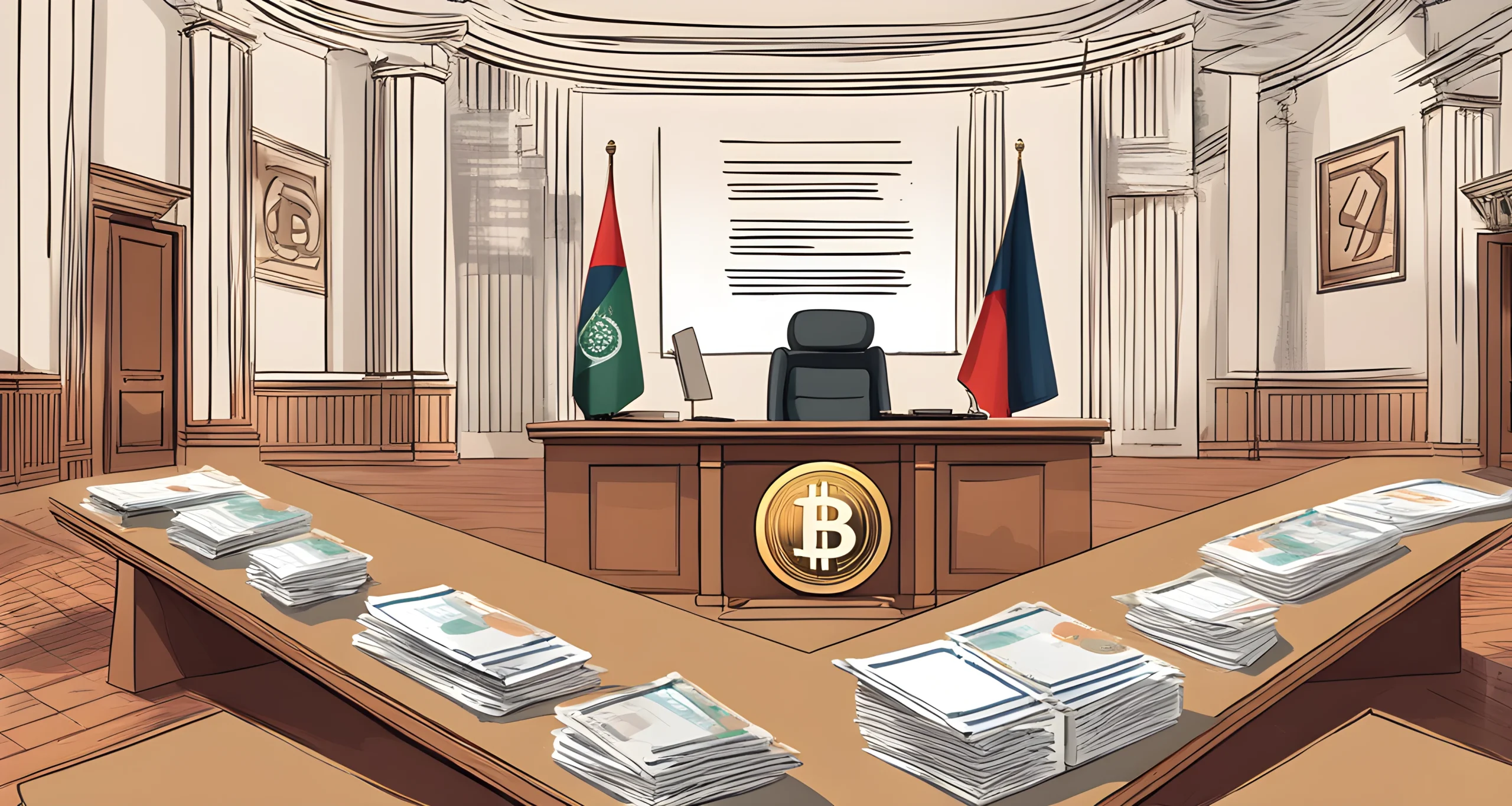 The image shows a government building with the digital currencies and regulations documents on the table.