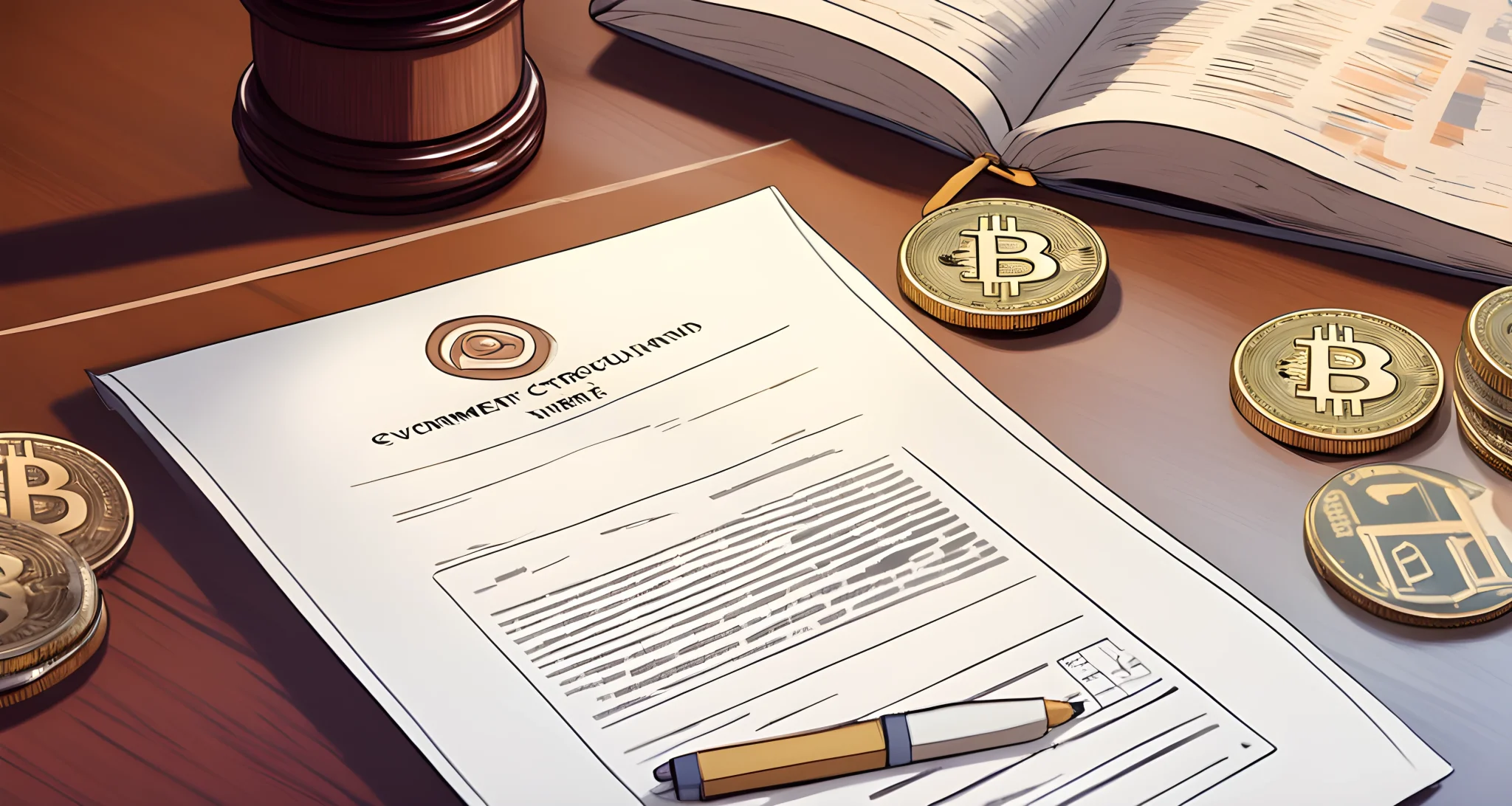 The image shows a government official, a representative from a cryptocurrency company, and a document outlining new regulations.