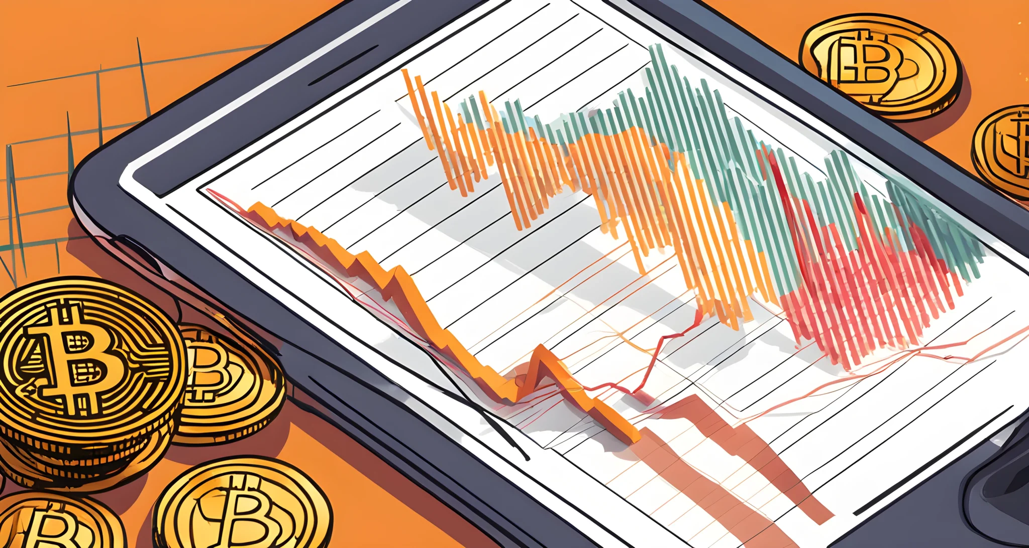 The image shows a graph depicting the increasing value of Bitcoin over time, along with a collection of financial and investment-related charts and data.