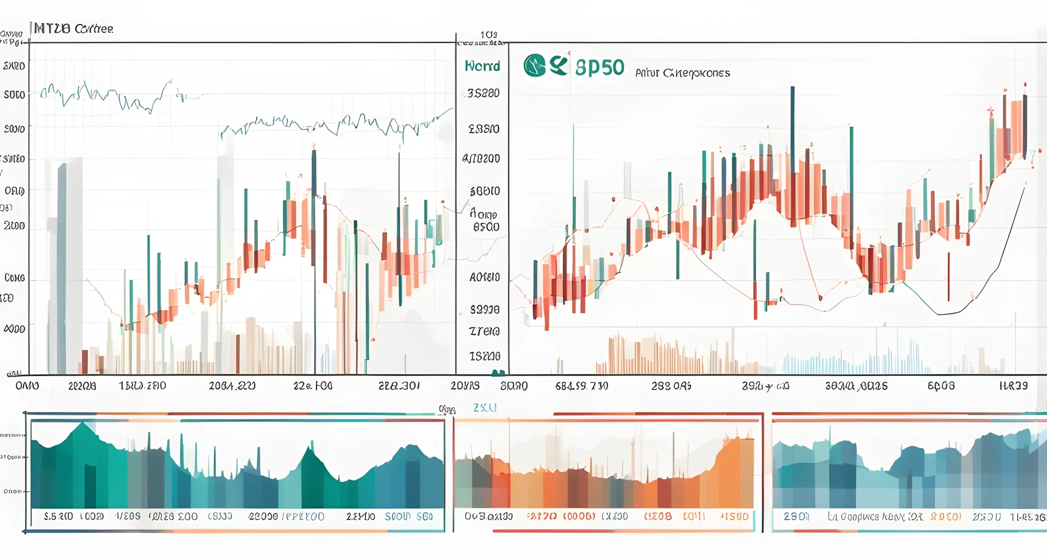 The image shows a graph displaying the fluctuating price of various cryptocurrencies, as well as a series of candlestick charts representing trading patterns.