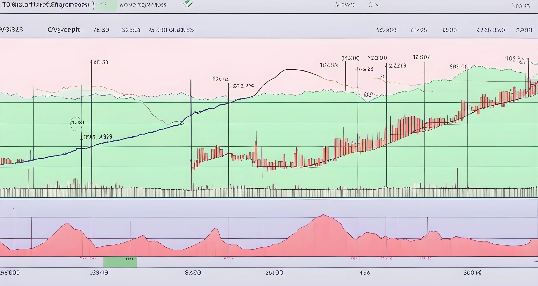 The image shows a graph displaying the historical price movements of various cryptocurrencies along with trend lines, moving averages, and volume indicators.