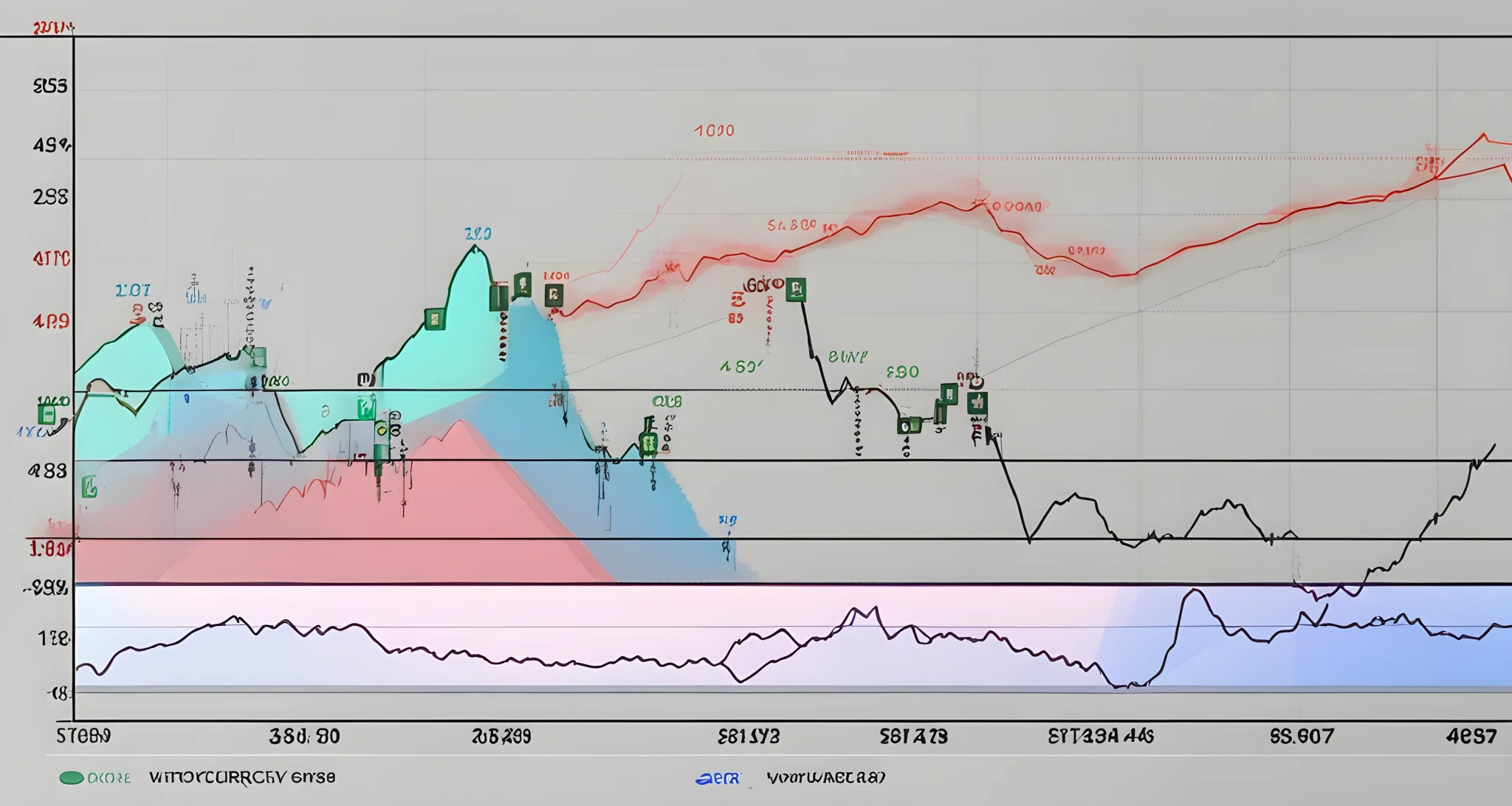 The image shows a graph of cryptocurrency prices over time, along with indicators such as moving averages and trend lines.